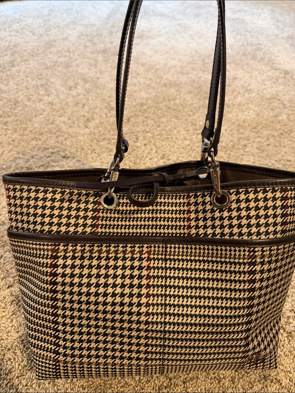 Vintage Ralph Lauren Black and Cream Houndstooth Tote with Red Accent
